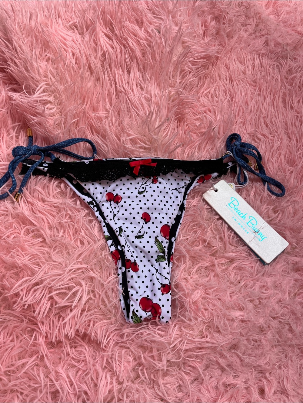 Beach Bunny Cherry Polka Tie-Side Bikini Bottom - White/Red/Black